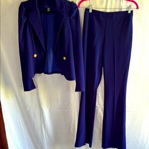 Navy Blue Tailored Pantsuit with Flared Pants